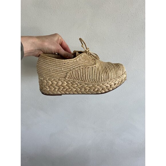 Robert Clergerie Beige Tan Woven Casual Platform Raffia Womens Shoes 9.5 10 Lace - Picture 1 of 7